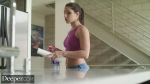 Spreading her labia so she can get the big dick inside