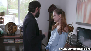 Pigtailed girl is eaten out and fucked by a bearded man